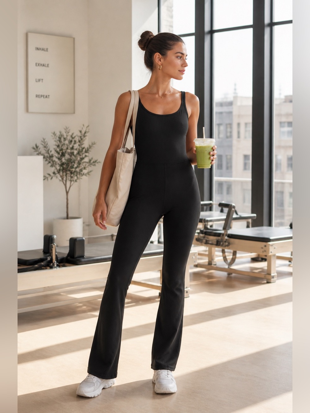 Yogalicious Felix Lux Rib Ribbed Jumpsuit Black Athleisure Pilates Size Medium